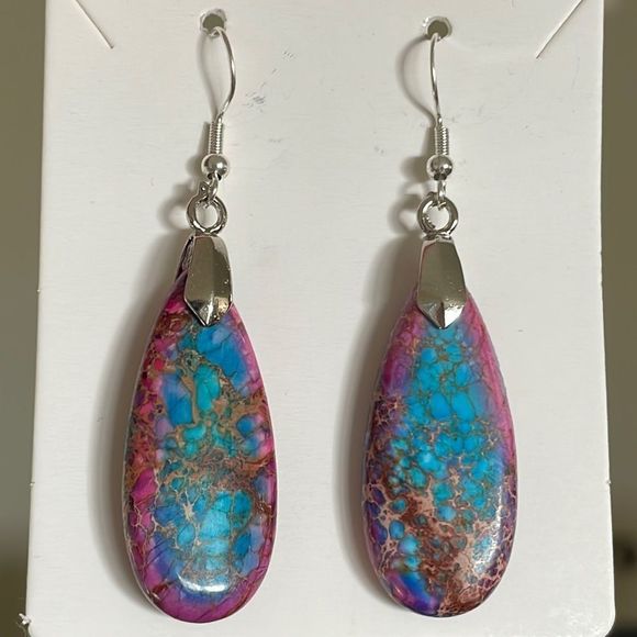 New Gorgeous Emperor Stone Drop Earrings Pink Purple Blue Semi Precious Boho - Picture 2 of 5